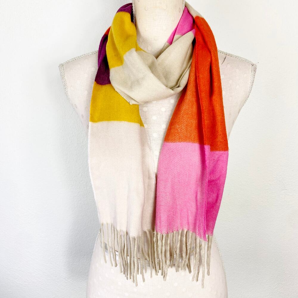 Cashmink Pink Yellow Cream Striped Rectangle Scarf with‎ Fringe Soft